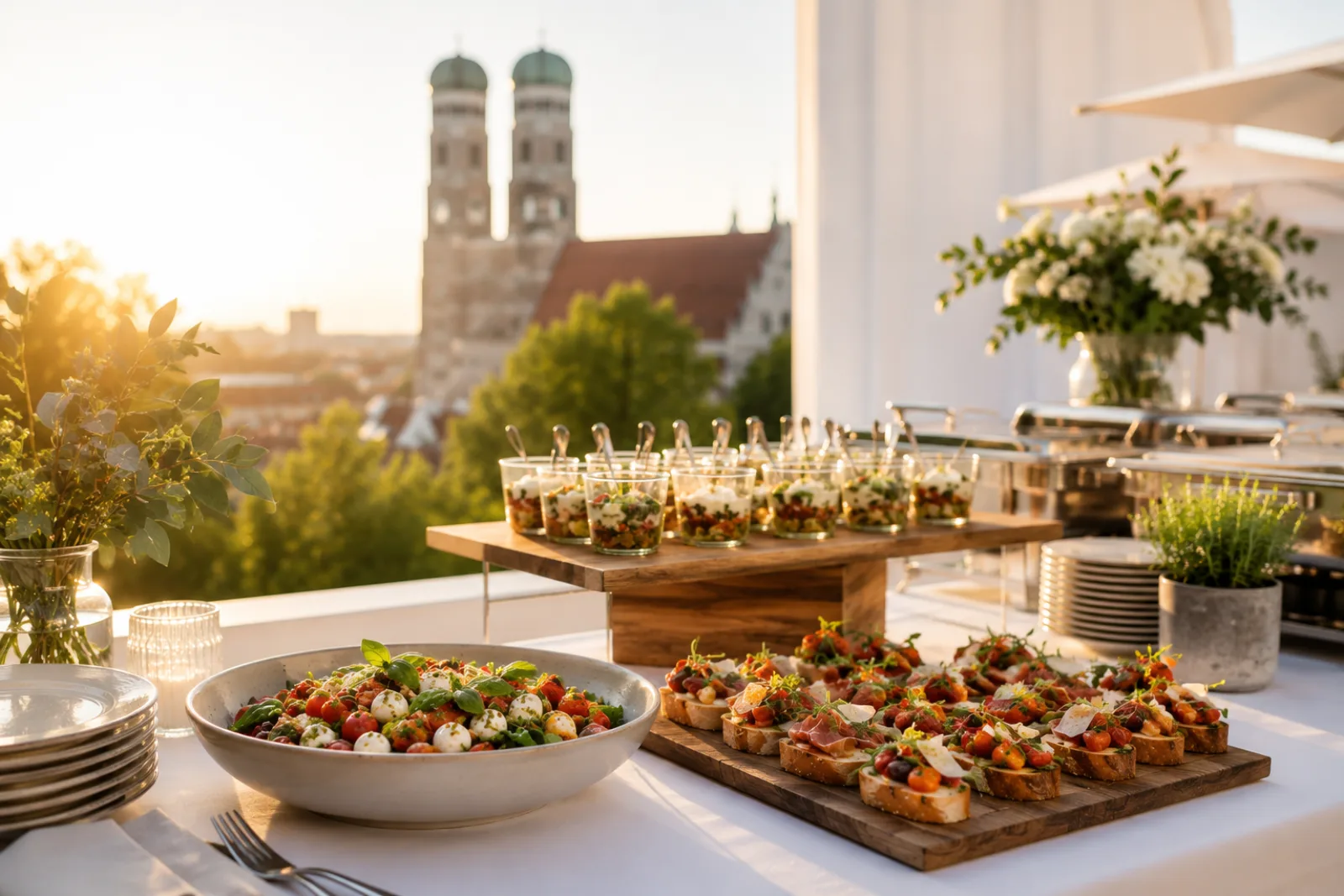Elegant gedeckter Eventtisch mit Salaten, Bruschetta und Verrines vor der Münchner Frauenkirche im Abendlicht