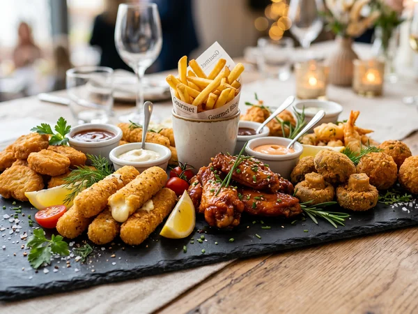Fingerfood-Auswahl mit feinen Häppchen auf Schieferplatte