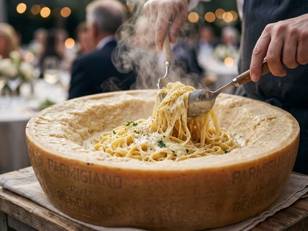 Pasta im Parmesanlaib geschwenkt
